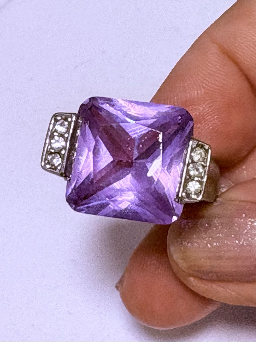 Amethyst color stone Square-Cut Ring with Side Crystals, Art Deco style, size 8
